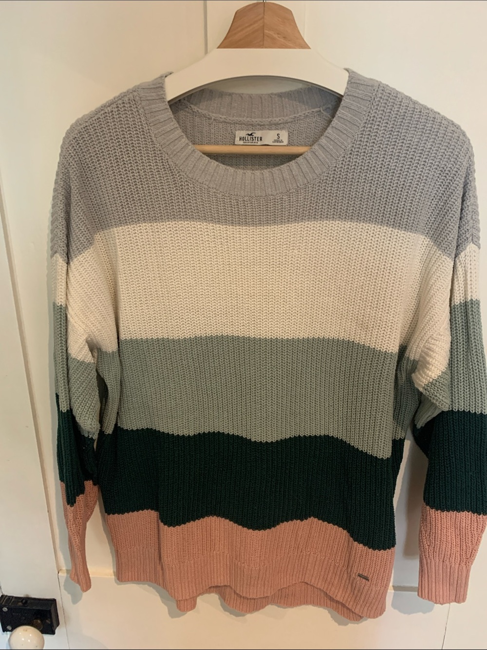 Hollister Striped Crewneck Sweater in Gray, Cream, Green & Pink